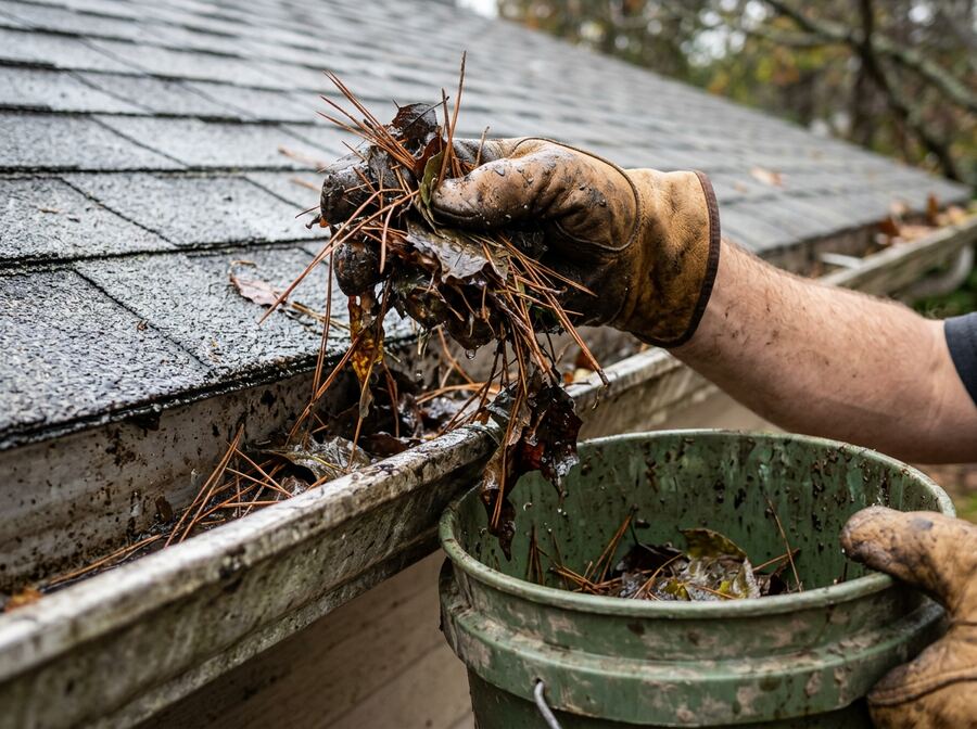 Debris being cleared from a gutter
