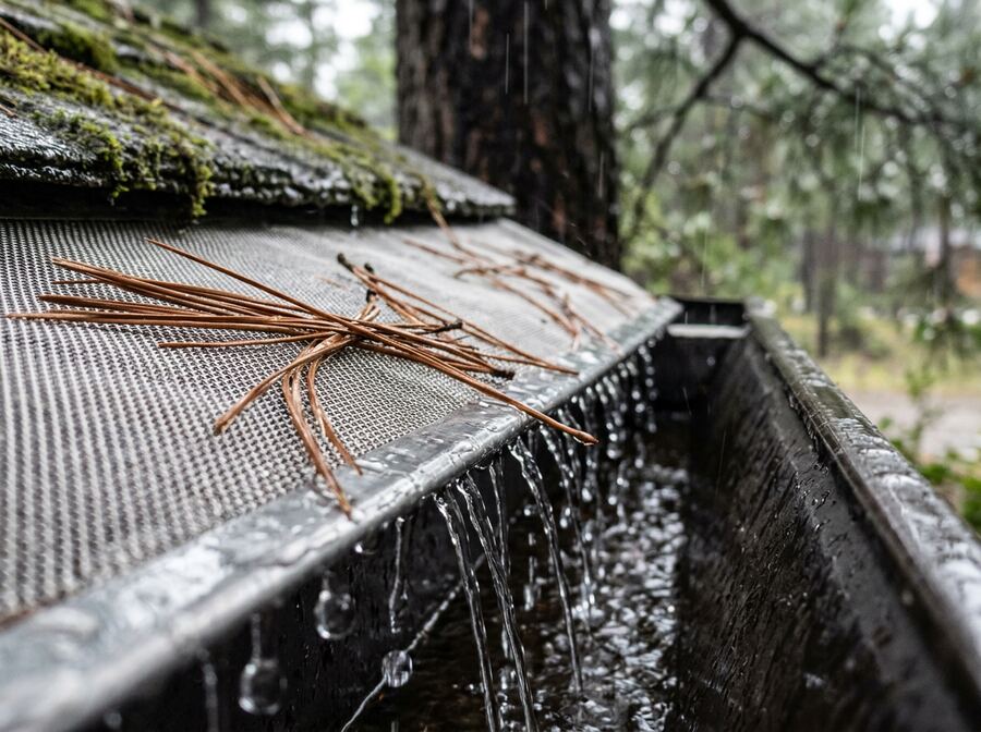 Micro-mesh gutter guard with pine needles on top