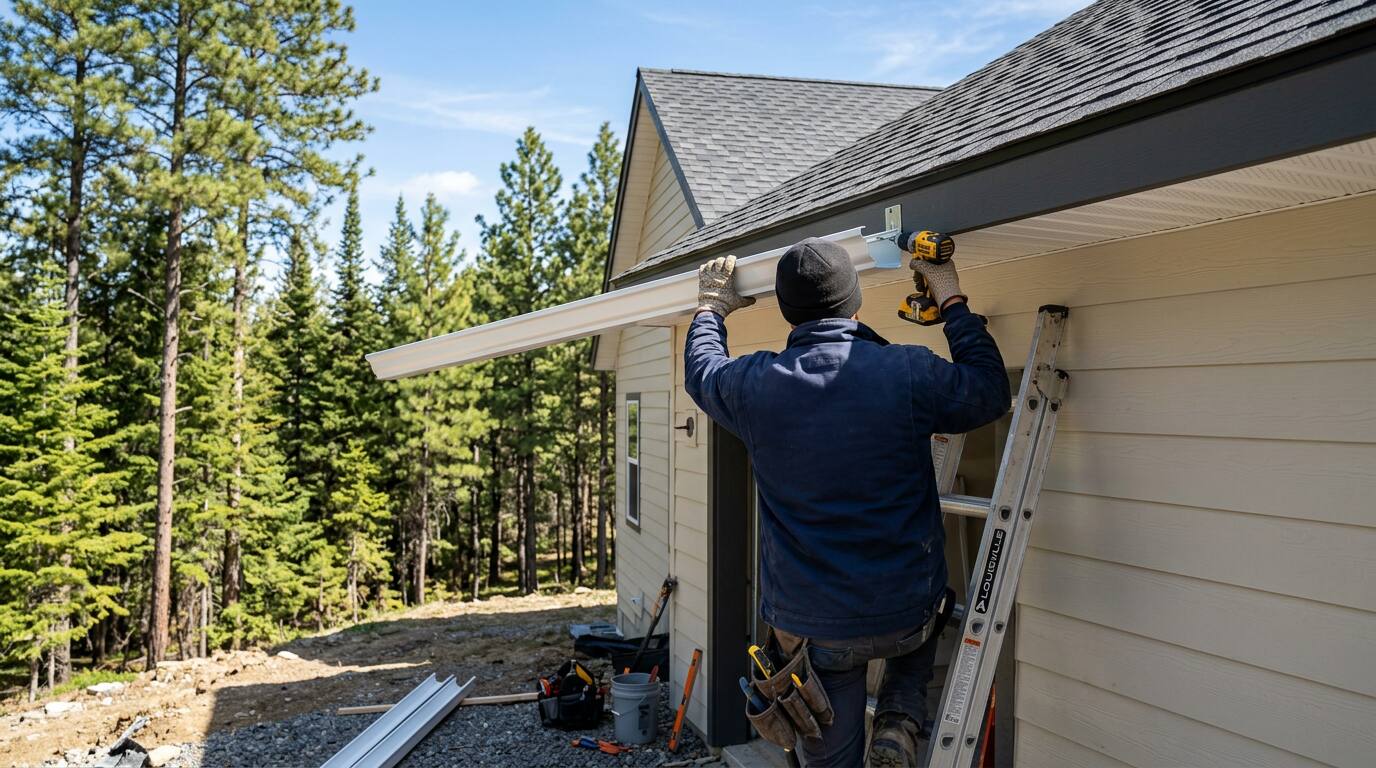 Installer fastening a new seamless gutter to a home's fascia board