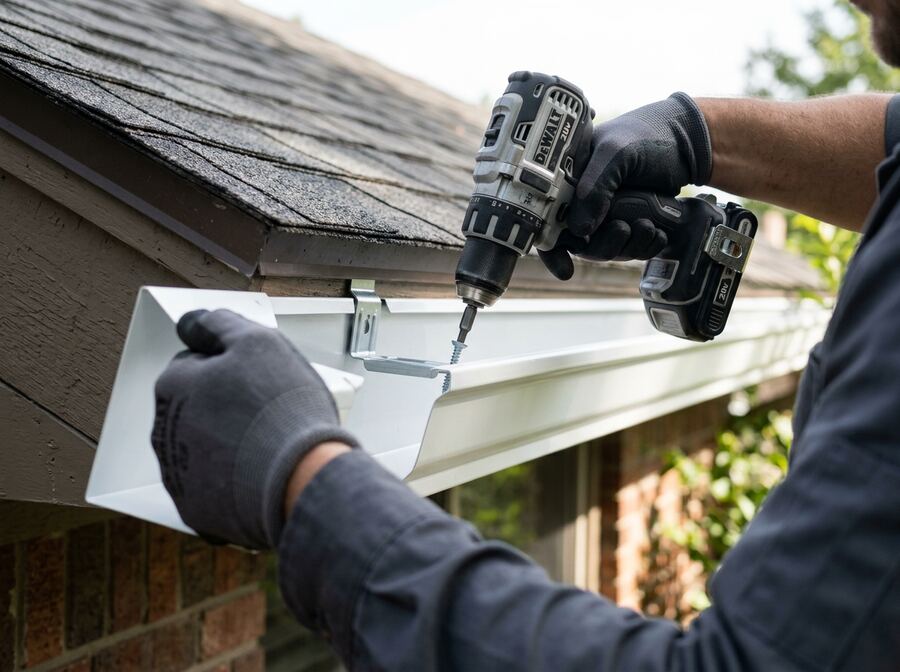 New seamless aluminum gutter being installed