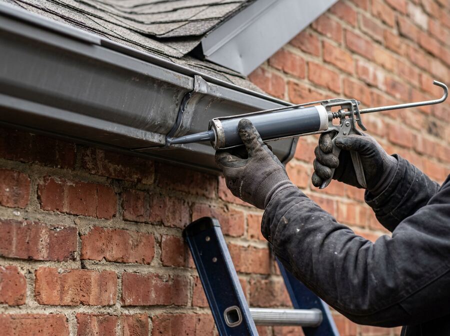 Gutter seam being resealed